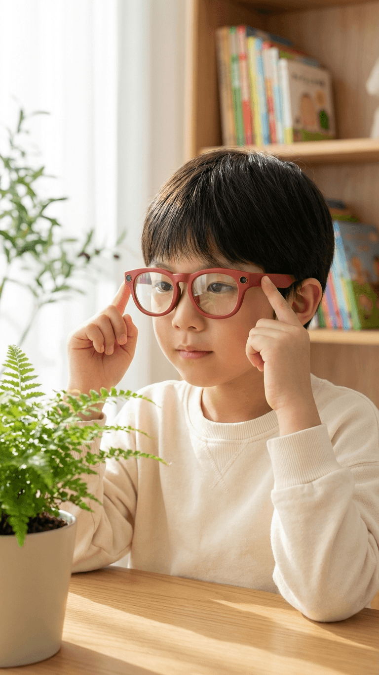 Boy trying on red glasses at desk