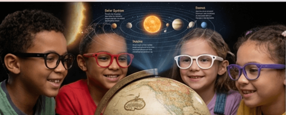 Kids exploring a globe and solar system