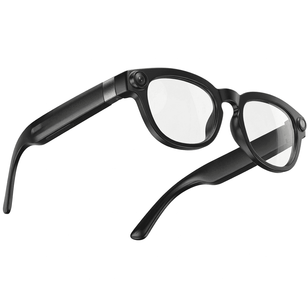 Shiro glasses in black — 3/4 rear angle showing camera